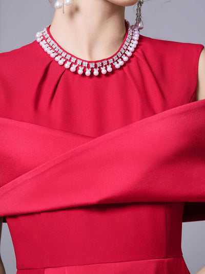 Burgundy Pleats Beading Pearls Mother Of The Bride Dress