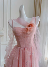 Pink Tulle Sequins Pleats Prom Dress