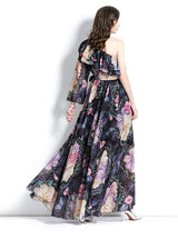 One-shoulder Ruffled Beach Print Dress