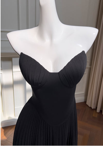 Black Strapless Pleats Prom Dress