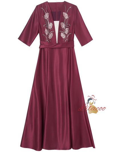 Burgundy Satin Beading Mother Of The Bride Dress