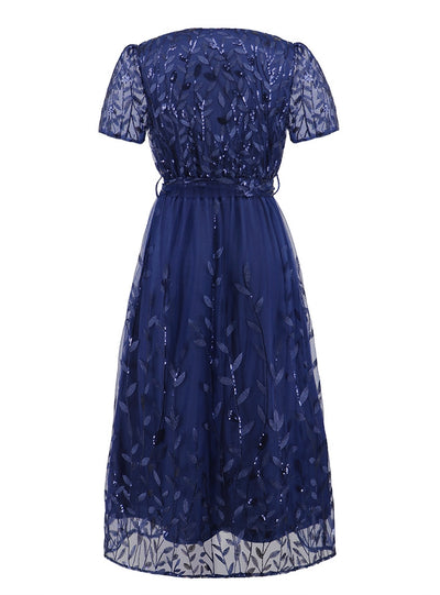 Mesh Sequins Slim V-neck Long Dress