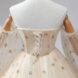 Champagne Tulle Sequins Long Sleeve Quinceanera Dress