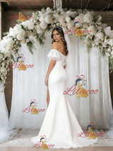 White Mermaid Off the Shoulder Puff Sleeve Wedding Dress