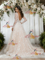 Champagne Lace Long Sleeve V-neck Wedding Dress