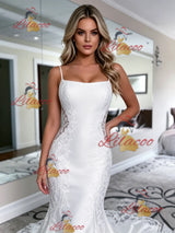 White Mermaid Satin Lace Spaghetti Straps Wedding Dress