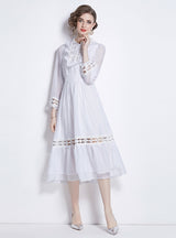 Lapel Lantern Long Sleeve Wooden Ear Hollow Dress