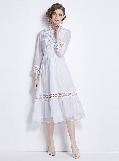 Lapel Lantern Long Sleeve Wooden Ear Hollow Dress
