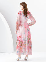 V-neck Lantern Sleeve Printed Dress