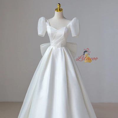 White Organza Puff Sleeve Bow Wedding Dress
