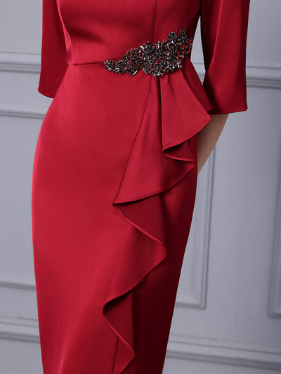 Burgundy Short Sleeve Beading Mother Of The Bride Dress