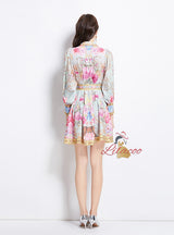 Retro Lapel Breasted Lantern Sleeve Printed Dress