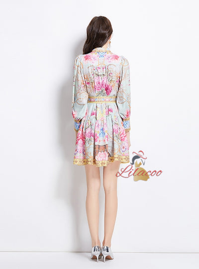 Retro Lapel Breasted Lantern Sleeve Printed Dress