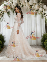 Champagne Lace Long Sleeve V-neck Wedding Dress