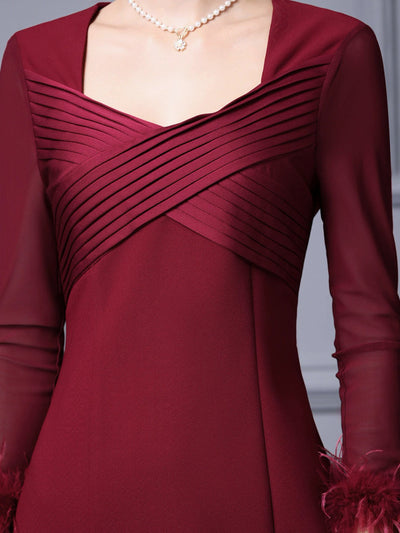Burgundy Pleats Mother Of The Bride Dress