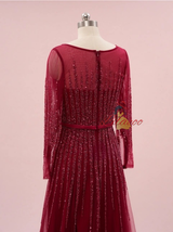 Burgundy Tulle Long Sleeve Beading Sequins Prom Dress