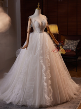 White Tulle Spaghetti Straps Pleats Beading Wedding Dress