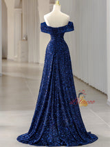 Royal Blue Sequins Off the Shoulder Pleats Prom Dress