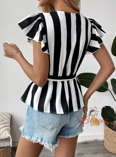 V-neck Lotus Leaf Sleeve Striped Short-sleeved Shirt