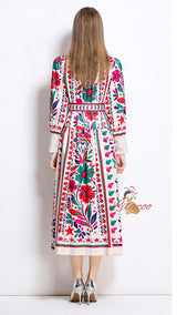 Retro Lapel Print Slim Long Sleeve Dress