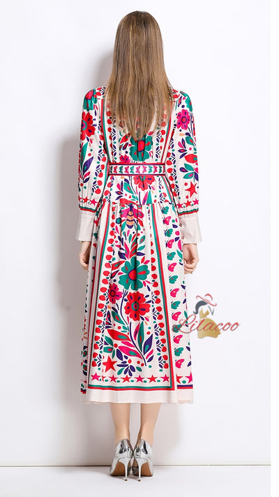 Retro Lapel Print Slim Long Sleeve Dress