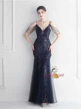 Mermaid Sequins Tulle Spaghetti Straps Beading Prom Dress