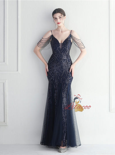 Mermaid Sequins Tulle Spaghetti Straps Beading Prom Dress