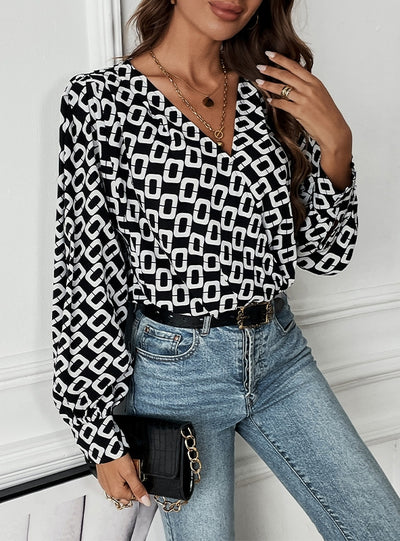 Long Sleeve V-neck Shirt Print Jumpsuit