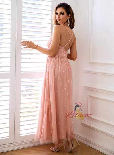 Ladies Sequined Gauze Sling Slim Dress