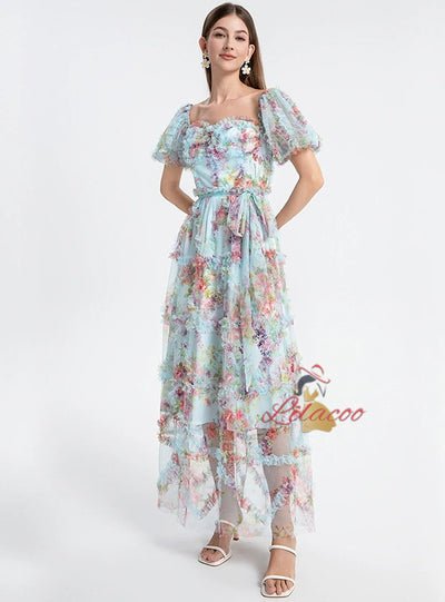 Heavy-duty Gauze Printed Spliced Ruffled Dress