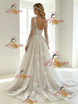 White Tulle Appliques Long Sleeve Wedding Dress