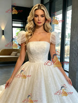 White Sequins Puff Sleeve Wedding Dress