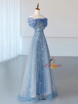 Blue Tulle Sequins Off the Shoulder Pleats Prom Dress