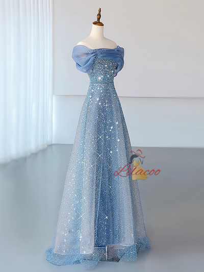 Blue Tulle Sequins Off the Shoulder Pleats Prom Dress