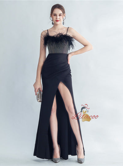 Spaghetti Straps Split Feather Prom Dress
