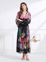 V-neck Lace Printing Dress Three-piece Suit