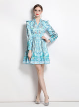 Retro Palace Style V-neck Print Slim Dress