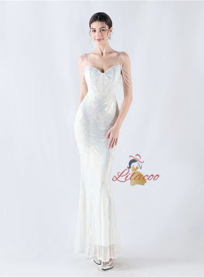 Spaghetti Straps Sequins Beading Prom Dress