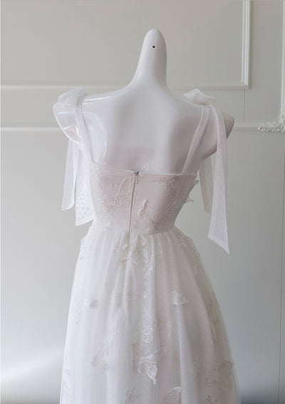 White Gauze Sling Bow Dress