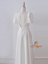 White Satin Puff Sleeve Pearls Wedding Dress