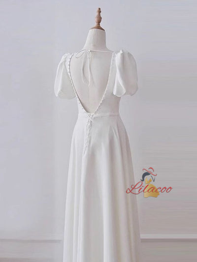 White Satin Puff Sleeve Pearls Wedding Dress