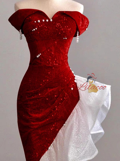 Burgundy Sequins Mermaid Pearls Prom Dress