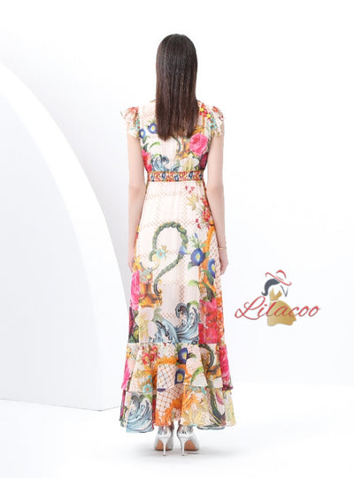 V-neck Slim Breasted Printed Slit Dress