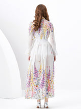 V-neck Wood Ear Ribbon Pleated Printed Dress