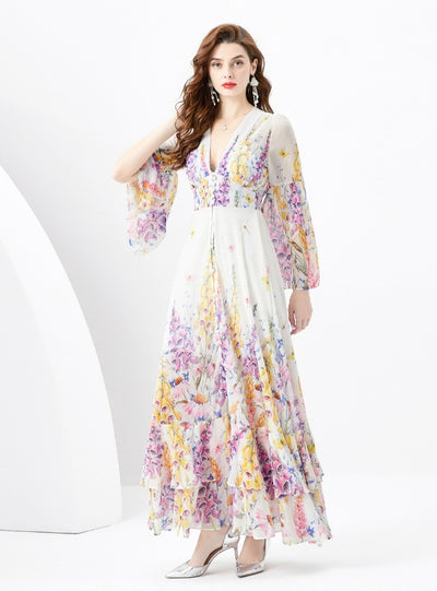 Horn Sleeve Button Chiffon Ruffled Dress