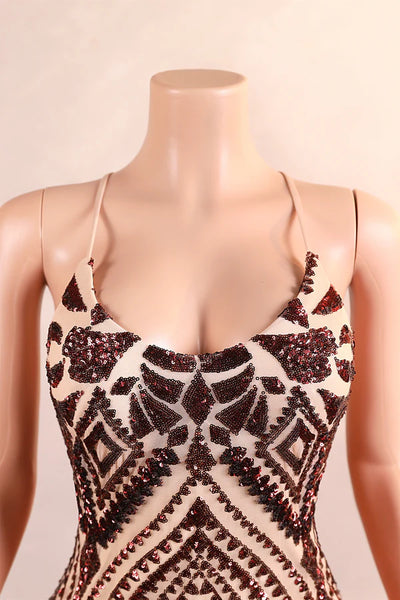 Burgundy Mermaid Sequins Feather Prom Dress