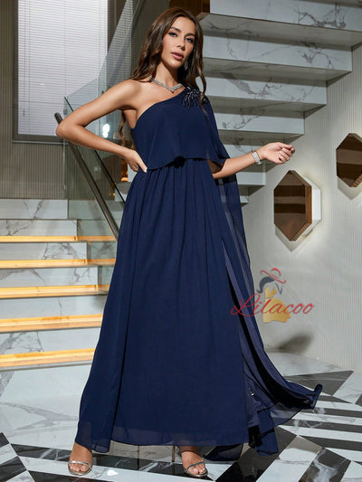 Navy Blue Chiffon One Shoulder Prom Dress