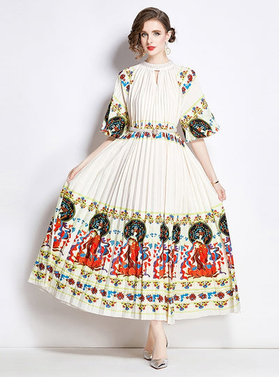 Pleated Short Sleeve Print Dress