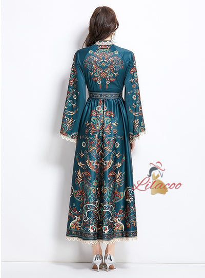 Retro Stand-up Breasted Flared Sleeve Printed Dress