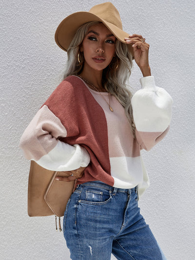 Crew Neck Pullover Back Strap Splicing Sweater